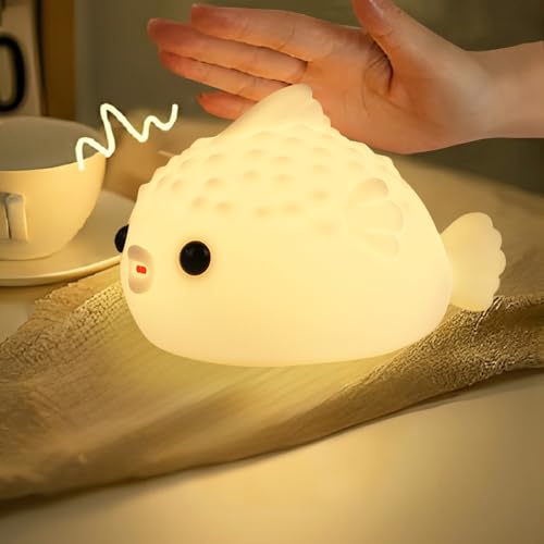 Image of DNBFLLK White Pufferfish Night Light - Silicone Touch Sensor Lamp for Nursery, 3 Adjustable Brightness, USB-C Rechargeable Baby-Safe Bedside Light, Modern Kids Room Decor & Toddler Sleep Aid