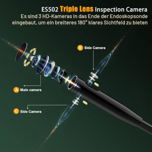 Hiacinto Endoskopkamera 10m mit Licht, 5-Zoll-IPS- Bildschirm DREI Linsen Endoskop, IP68 Wasserdicht...