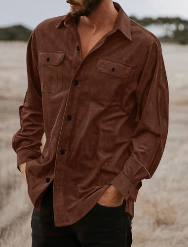 Image of ZAFUL Men's Faux Suede Button Down Shirts Jacket Lightweight Shirt Jacket Long Sleeve Work Coat Solid Color Overshirt