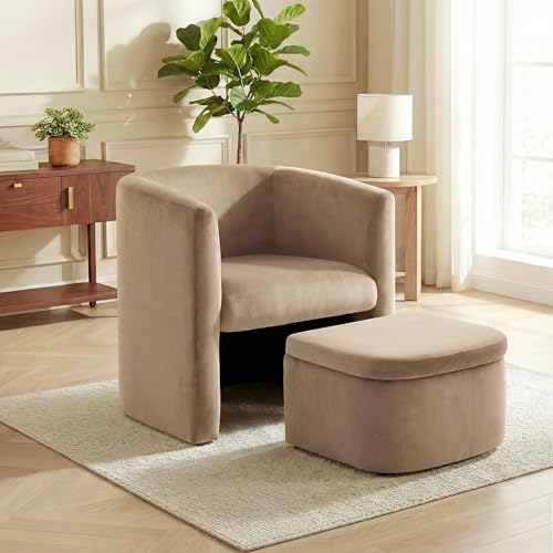 COLAMY Upholstered Velvet Barrel Accent Chair with Storage Ottoman, Morden Living Room Chair with...