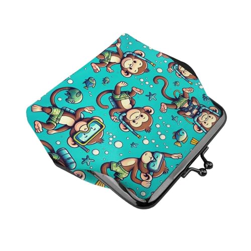 Pu Leather Buckle Coin Purse Monkey-Diving-Enjoy-Holiday Girls Kiss-Lock Change Purse Wallets3