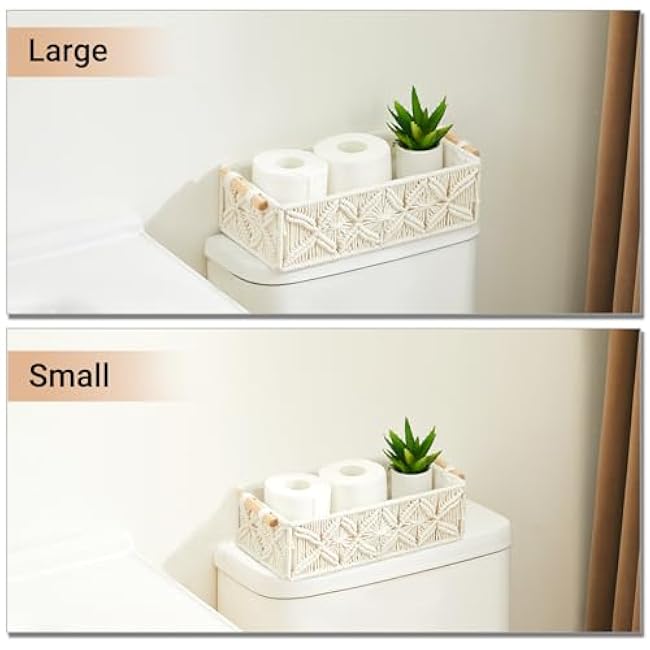 Nonam Macrame Storage Baskets, Boho Decor Style Woven Storage Boxes for Home Organization, Toilet Tank Shelf Cabinet Organizer Baskets,Set of 2 - White