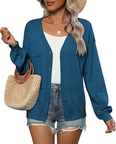 Zeagoo 2025 Womens Cardigan Casual Long Sleeve Lightweight Crochet Shrug V Neck Tops Button Down Soft Knit Sweater
