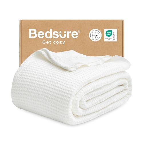 Image of Bedsure 100% Cotton Blanket Full Size for Bed - Cooling Breathable and Soft for Summer, Thick Cozy Waffle Weave Blanket Gifts for Women, White, 80x90 Inches