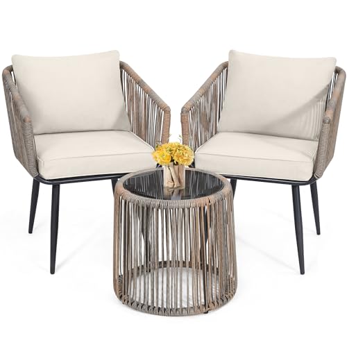 Image of Kromax 3-Piece Patio Rattan Bistro Conversation Set, Beige | Outdoor All-Weather Wicker Furniture Chairs and Side Table Set, Ideal for Balcony, Porch and Backyard