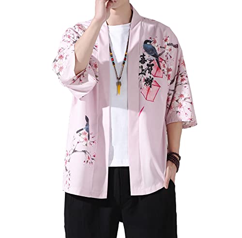 Image of PRIJOUHE Men's Lightweight Kimono Jacket Seven Sleeve Open Front Cardigan Coat Japanese Style Bathrobe