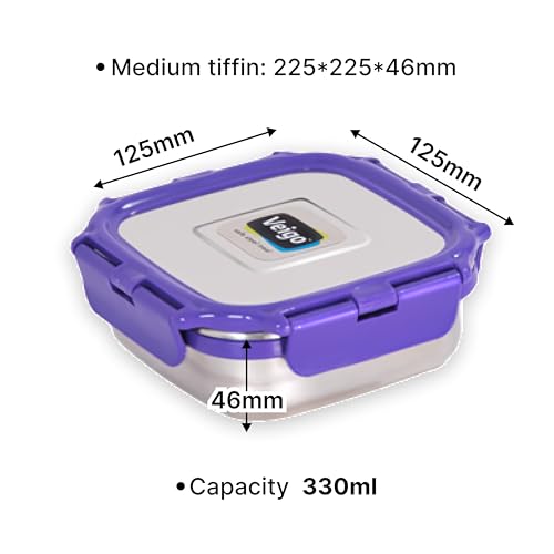 Image of Veigo Original Stainless Steel Snack Box 300 ml, Airtight Leakproof Kids Snacks Box for School & Office, Freezer Dishwasher Safe, Silicone Ring Polymer Frame, Safe Lid Lock, Compact Lunch Box - Purple