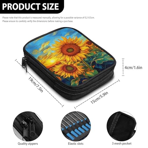 Image of Art Sunflower Crochet Hook Case Crochet Hook Holder Portable Storage Bag with Web Pockets Suitable for Needles /Knitting Accessories