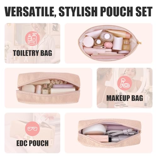 Image of Vavabox Corduroy Makeup Bag Set for Women, A-Z Personalized Cosmetic Bag for Travel Toiletry Organizer, Gifts for Women Mom Girls (V, 05-Khaki)