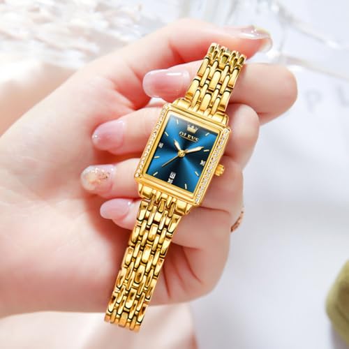 OLEVS Watch Women Gold Watches for Women Rectangle Blue Face Waterproof Stainless Steel Small Wrist Womens Watch Dainty Elegant Analog Quartz Ladies Watches Reloj para Mujer — view 2
