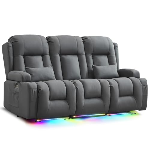 Image of URRED Power Loveseat Recliner Sofa with Massage and Heat, Wall Hugger Reclining Loveseat with Console, RV Couch Home Theater Seating with LED Lights for Living Room (Blue Grey, 76.8 inch - 3 Seats)