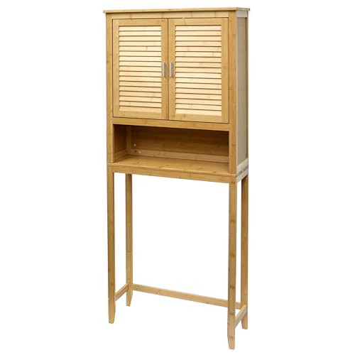 RoyalHouse Bamboo Over The Toilet Storage Cabinet with Bottom Shelf, Free Standing Storage Cabinet, Perfect Bathroom Space Saver with Double Door Organizer