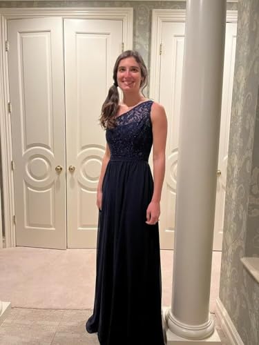 Image of Women's One Shoulder Bridesmaid Dresses Long for Wedding with Pockets Lace Bodice A-Line Chiffon Formal Party Gown