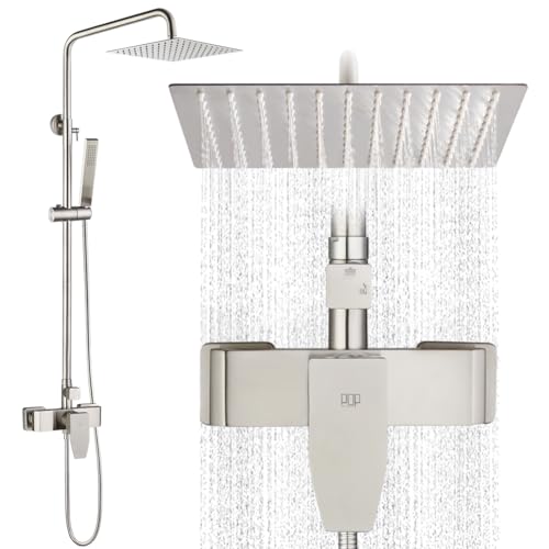 Kit de ducha exterior Brushed Nickel con grifería de una sola manija, montaje en pared, alta presión, sistema con ducha de 8 pulgadas y rociador manual combinado miniatura 1