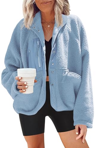 Nirovien Womens Fleece Jacket Fuzzy Jackets for Women Teddy Jacket with Pockets Cropped Jacket Fleece Pullover(Blue,S)