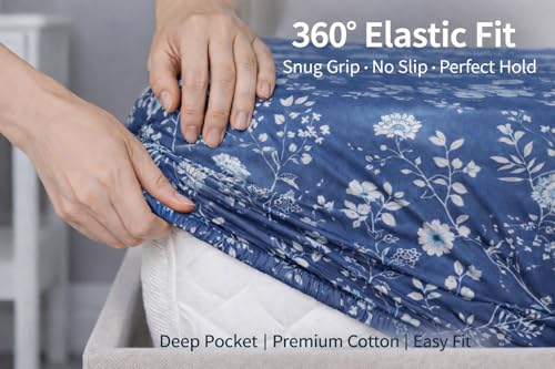 Image of Blue Strip 300 TC Cotton Feel Glace Cotton Elastic Fitted Printed King Size Double Bed Bedsheet with 2 Pillow Covers Fits Upto 9 inches,Size- 72x78x10 Inches