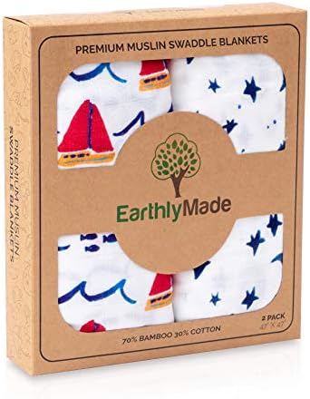 Earthly Made Muslin Baby Swaddle Blankets - Super Soft, Breathable, Large, 47 x 47 inches - Receiving Blanket for Swaddling Newborn, Baby, Infant, Boys and Girls - 2 Pack