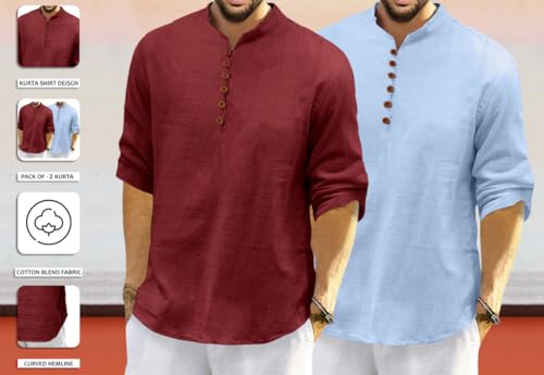 Image of ROYALSCOUT Men's Cotton Polyester Blend Solid Regular Fit Full Sleeve Short Kurta | Ethnic, Lightweight Summer Kurta for Daily & Occasion Use