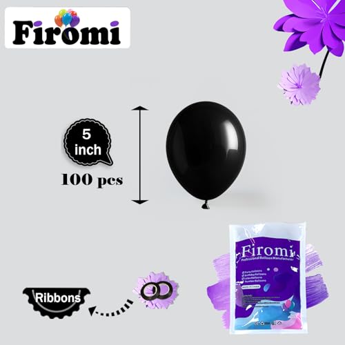 Image of Firomi Small Black Balloons 5-inch 100 Pack (with 2 Ribbons) | Helium Metallic Shiny Round Black Thicken Latex Balloon for Wedding Birthday Party