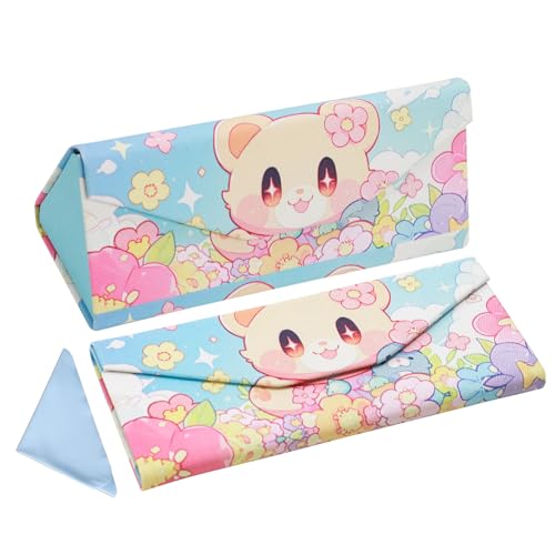 FlyingMage Foldable Glasses Holder Hard Shell Eyeglasses Case Fashion PU Leather Sunglasses Protective Cover (Multicolor Flower Bear)