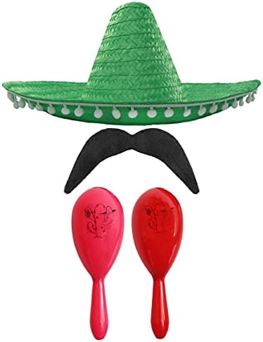 MEXICAN FANCY DRESS ACCESSORY SET - MEXICAN SOMBRERO WITH MARACAS AND TASH BLACK POM POM SOMBRERO + 2X GREEN MARACAS