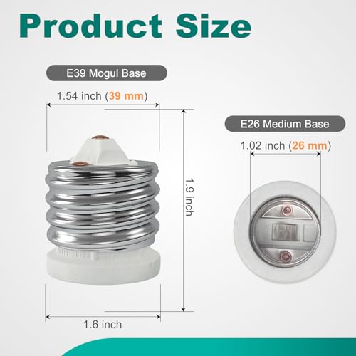 Image of DiCUNO E39 to E26 Socket Adapter, Mogul to Standard Medium (E26), Max 660W and 200C Heat Resistant E39 Porcelain Adapter UL Listed