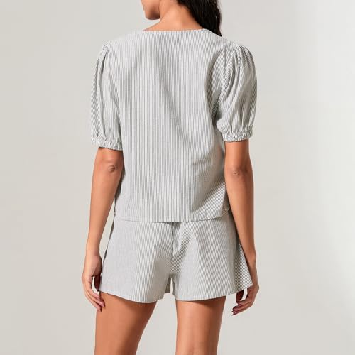 Image of Yuemengxuan Women Y2k Two Piece Plaid Lounge Sets Puff Sleeve Tie front Blouse Top High Waist Shorts Casual Pajamas Sets