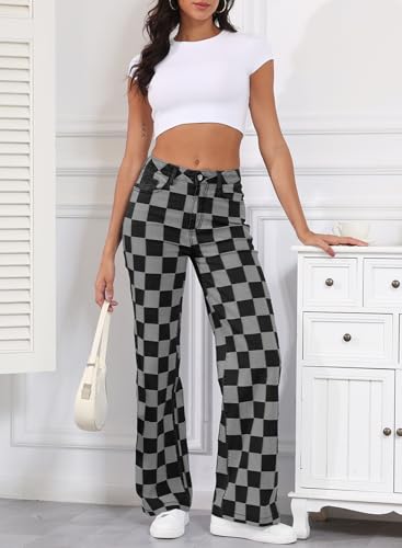 Sidefeel Women's Wide Leg Jeans High Waisted Stretchy Straight Leg Checkered Loose Denim Pants4