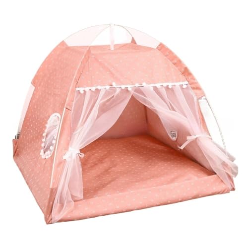 Riazdiw ペットテント 屋内 屋外 折りたたみ 組み立て簡単 ペットベッド かわいい プリンセススタイル ドーム型ペットハウス メッシュ窓付き オールシーズン対応 蚊よけ 夏 半密閉型 (ピンク1,L) (ピンク,XL:59*59*52CM)