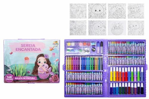 Kit Maleta de Pintura 150 Peças com Tema Sereia Encantada, Lápis de Cor, Canetinhas, Giz de Cera, Aquarela, Tesoura, Clips, Estojo Infantil para Crianças 3 Anos +