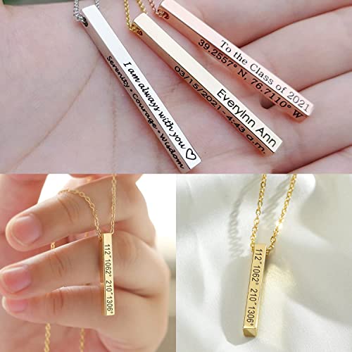 ProJewelry 18K Gold Plated Engraved 4 Sides Bar Necklaces for Women,Custom Necklace with Kids Name/Date/Coordinates Customized Name Necklace Personalized Mother's Day Birthday Christmas Gifts2