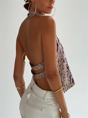 Women Y2k Floral Halter Top Sexy Sleeveless Backless Polka Dot High Neck Tank Top Summer Boho Going Out Beach Outfit3