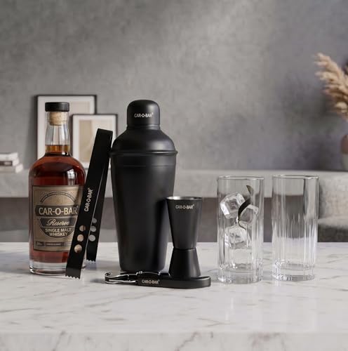Image of Car-O-Bar Black Bar kit | Bar Set for Home - 4 pcs Bartender Kit : Cocktail Shaker, Jigger, Wine & Beer Bottle Opener & Ice Tong