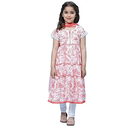 Image of BIBA Girls Cotton Flared Kurta Churidar Suit Set