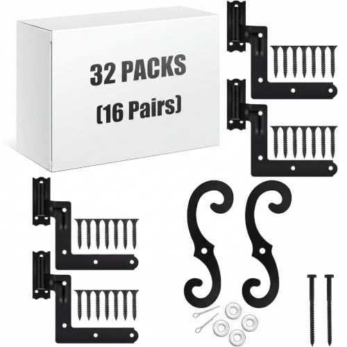 Image of Moxweyeni 32 Pack (16 Pair) Steel Blind Shutter Hinges 1-1 /16 inch with S Holdback Hook for Exterior Shutters Window Kit Steel with Black Powder Coating Lift Off Pintle Reversible Hinges Heavy Duty Door