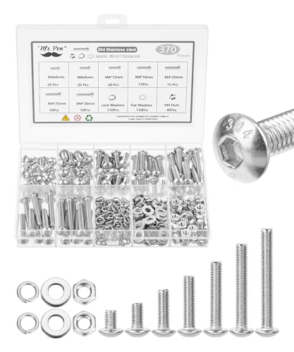 Mr. Pen- Nuts and Bolts Assortment Kit, 370 pcs, Stainless Steel, M4 Screws(7 Sizes 6-30mm) Button Head Socket Cap, M4 Bolts and Nuts Kit with Clear Storage Box