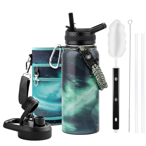 Image of RAYMYLO Insulated Water Bottle 32 oz, Triple Wall Vacuum Stainless Steel (Cold for 24Hrs, Hot for 12Hrs), Leak Proof & Non-BPA, Modern Water Flask Jug with Paracord Handle & Straw Spout Lids