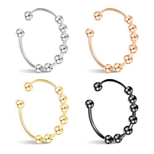 GIDWRIY 4 Piezas Anillo Antiestres Mujer Hombre,Anillo Ansiedad Acero Inoxidable,Anxiety Ring Fidget,Anillos Giratorio Ajustables con Perlas,Anillos Abiertos de Relajación Regulable para Ansiedad