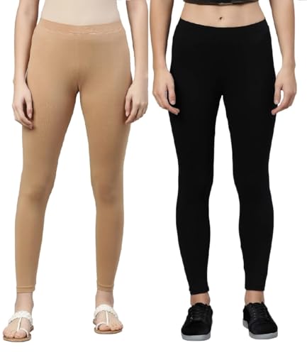 Image of ZAYANQA Combo of 2 Slim Fit Women /Girls Solid Stretchable Cotton Ankle Length Leggings with Ultrasoft Wide Elastic Waistband |Comfortable |Fashionwear|