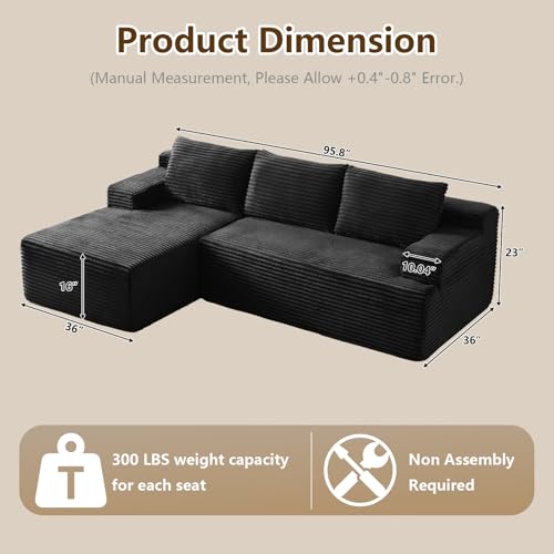 Image of 96 inch Modular Sectional Sofa Couches L-Shape Couch 3 Seat Modular Sofa Corduroy Memory Foam Sectional Boneless Couches for Living Room, Cloud Couch with Oversized Chaise(Black, Left Facing)