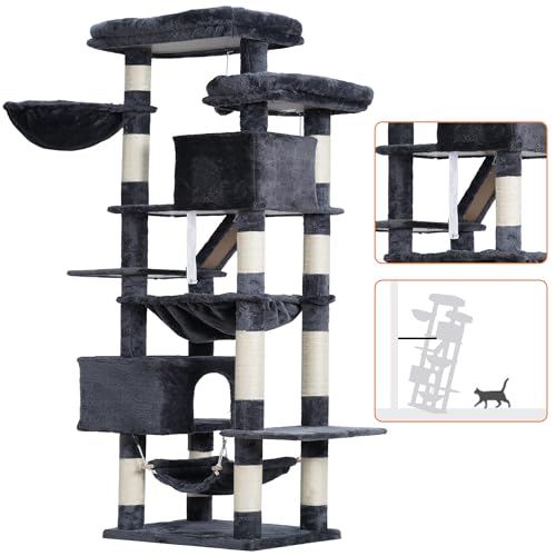 Image of Heybly Cat Tree, 71-Inch-Tall Tower for Indoor Cats with 2 Perches HCT034G | Large Cat Furniture with 2 Big Condos, 2 Hammocks, Basket, Scratching Pad, Multi-Level Cat Condo, Smoky Gray