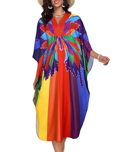 Image of Kaftan Dresses for Women V Neck Caftans Batwing Sleeve Beach Cover Ups | JILUVIN Plus Size Long Floral Print Dress, Loose Fit Maxi Casual Moomoo, Lounge House Mumu Nightgown Summer Vocation 2026