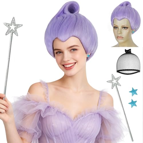 TIKJOYS Short Light Purple Wig Godmother Costume Wig with Curly Bun