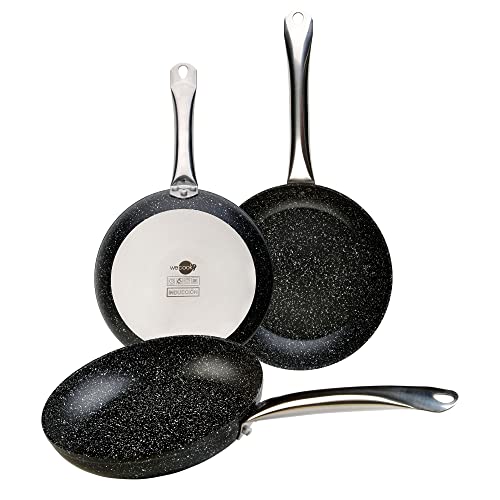 WECOOK! Granite Set Juego 3 Sartenes Inducción 20-24-28 cm Aluminio Forjado, Antiadherente Ecológico Piedra sin PFOA, Mangos Acero, Apta Todas Cocinas, Vitrocerámica, Gas, Horno