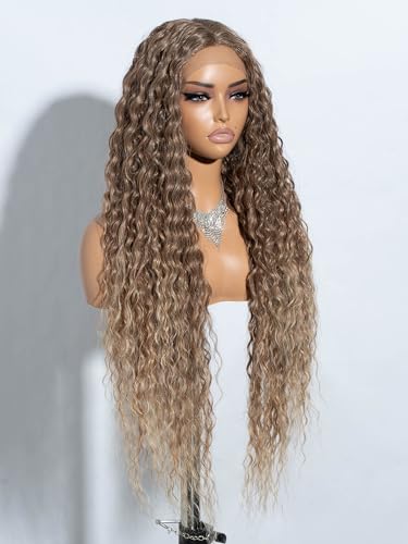 Joedir 32" Long Deep Curly Wavy Lace Front Synthetic Wigs HD Transparent Glueless Lace Wig Heat Resistant Fiber Pre Plucked Hairline with Baby Hair Wig for Women(Ombre Dirty Blond Color) - Image 2