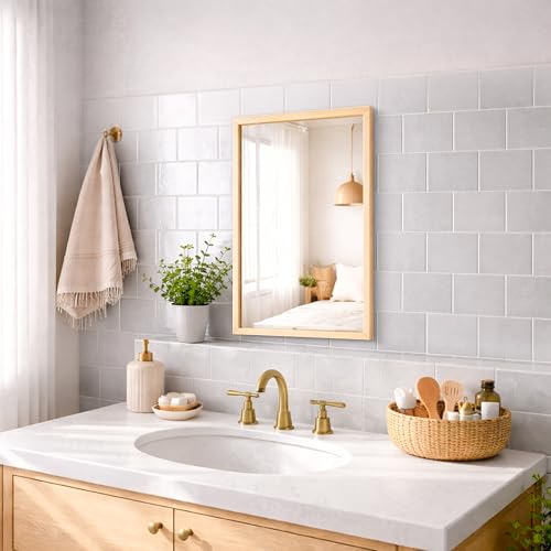 Image of Rousrie Premium Framed Glass Wall Mount Mirror, Decorative, for Bathroom, Bedroom, Living Room and Entryway, Wash Basin (14 by 20 Inch) (Light Brown)