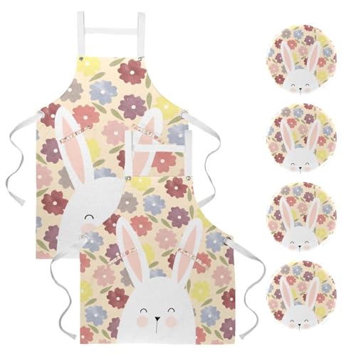 Lot de tabliers de cuisine avec 4 broches et motif fleurs de lapin