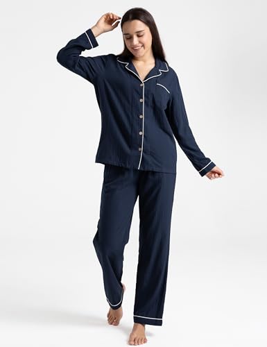 Image of Womens Muslin Pajama Set 100% Cotton Double Gauze Linen Like | Breathable Soft Comfort Button Up Loungewear Sleepwear PJ Set
