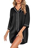 Ekouaer Satin Night Gowns Women's Silk Boyfriend Pajama Shirt V Neck Night Dress Plus Size Sleepwear (Black,XXL)