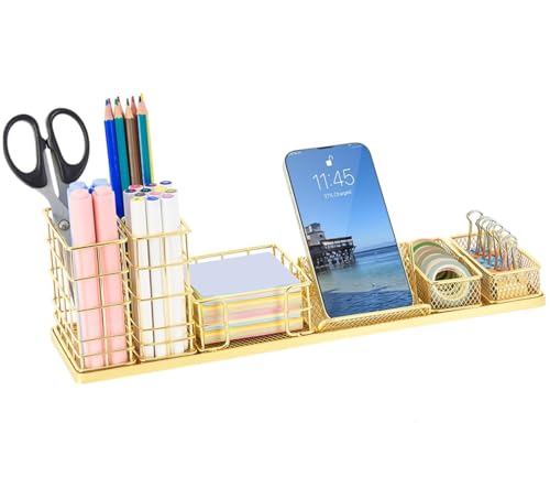Image of Metal Desk Organizer Set with Mobile Stand, Pen Holder & Sticky Note Tray | Multipurpose Office Table Organizer for Study Desk, Home & Office (Gold)